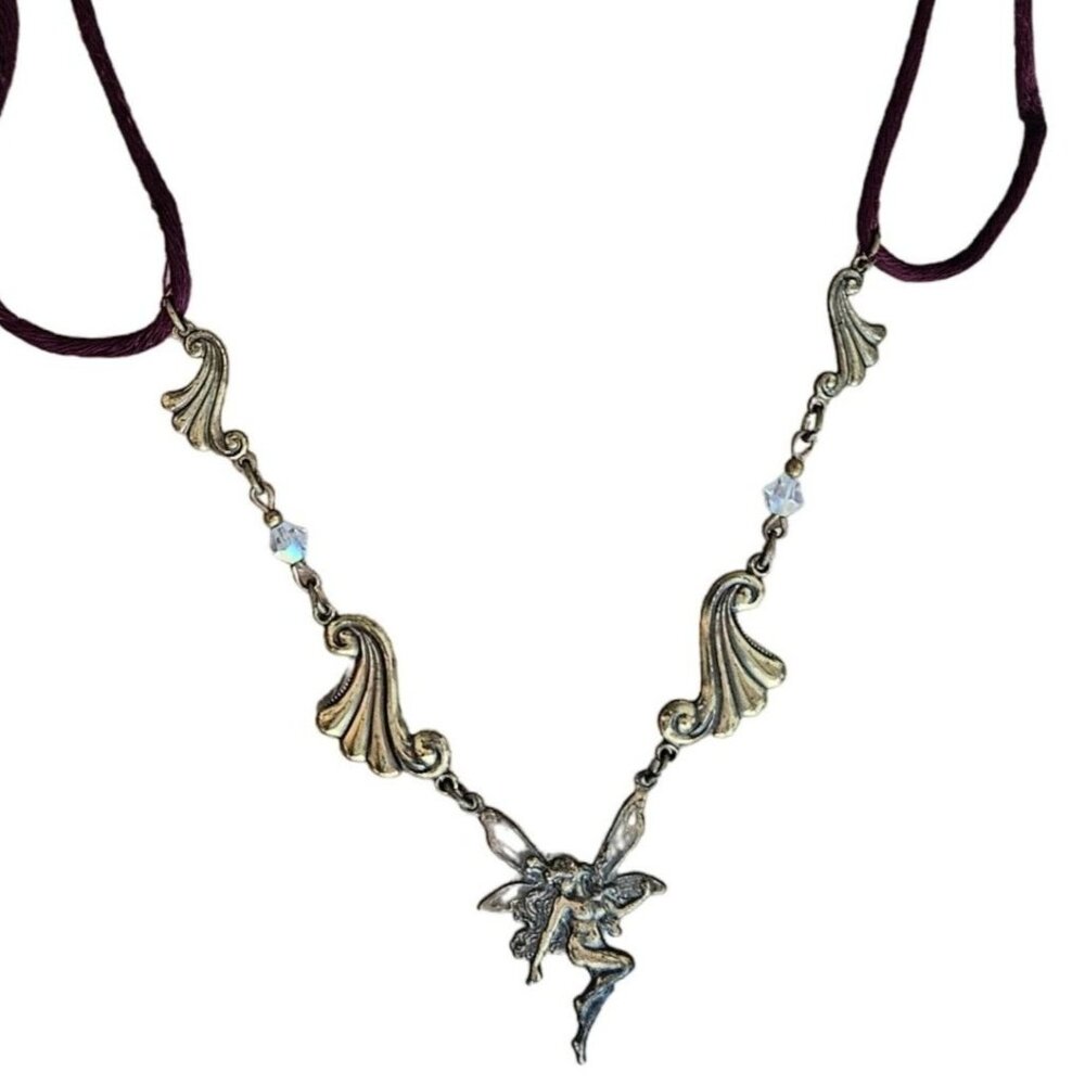 Vintage Brass Fairy Pendant Necklace Burgundy Cord Magical Fantasy Boho Jewelry